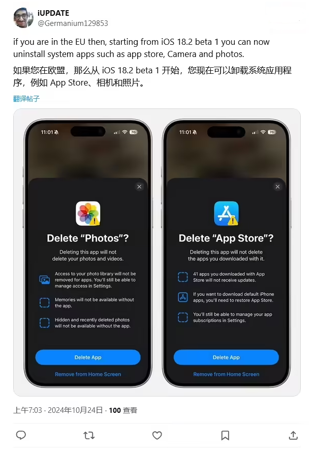 宁乡苹果手机维修分享iOS 18.2 支持删除 App Store 应用商店 